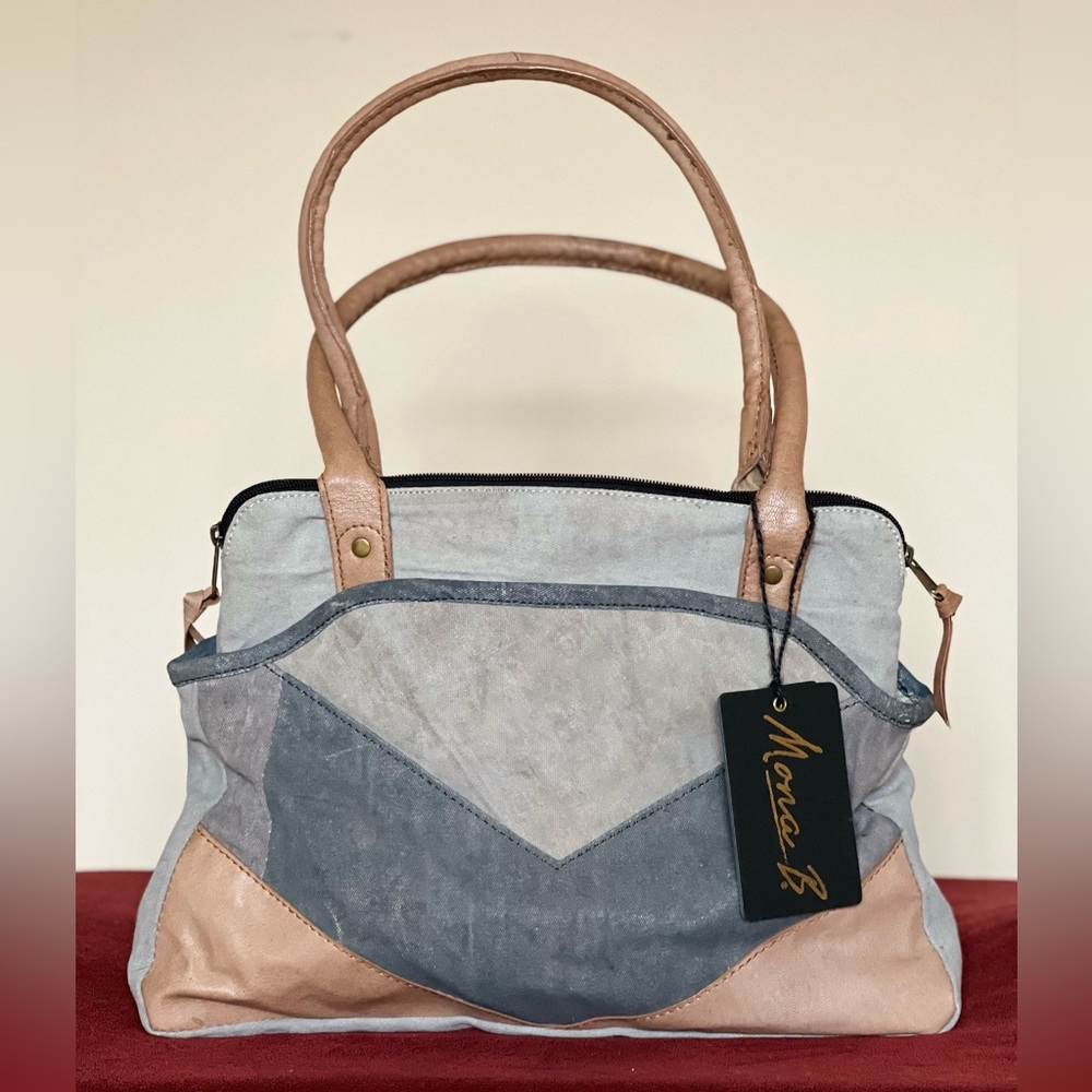 Mona B Upcycled and Recycled Canvas Shoulder Bag with Vegan Leather Accent